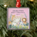 Ornement Carré Argenté Jungle Photo Girls Baby's First Christmas Ornament<br><div class="desc">Premier ornement de Noël du mignon bébé,  les plus doux petits animaux de la jungle encadrés de feuilles de la jungle aquarelle.</div>