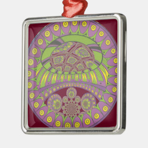 Ornement Carré Argenté Kaleidoscope africain violet et jaune traditionnel