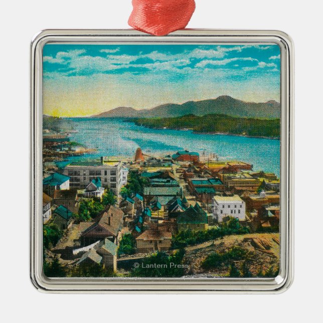 Ornement Carré Argenté Ketchikan, vue de ville de l'Alaska - la première (Devant)