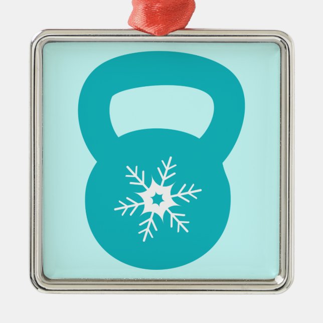 Ornement Carré Argenté Kettlebell avec un flocon de neige mignon (Devant)