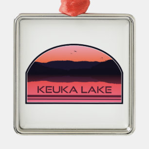 Ornement Carré Argenté Keuka Lake New York Red Sunrise