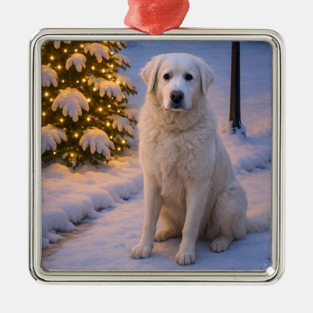 Ornement Carré Argenté Kuvasz Holiday Card (Devant)