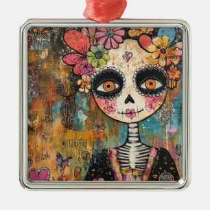 Ornement Carré Argenté La Catrina squelette avec couronne de fleurs