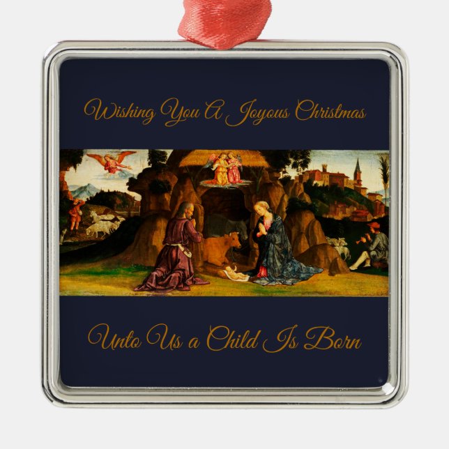 Ornement Carré Argenté La crèche de Noël de la Sainte Famille (Devant)