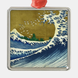 Ornement Carré Argenté La Grande Vague (Art Japonais Bleu et Or, Hokusai)