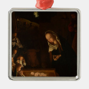 Ornement Carré Argenté La Nativité à la Nuit (Naissance de Jésus, Noël)