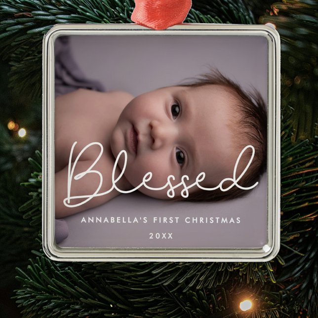 Ornement Carré Argenté La première photo de Noël du bienheureux bébé (Créateur téléchargé)