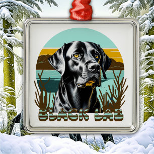 Ornement Carré Argenté Labrador Retriever Noir Texte Vintage
