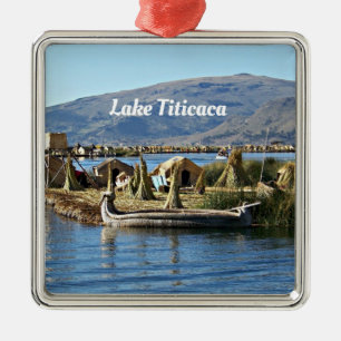 Ornement Carré Argenté Lac Titicaca, île flottante,