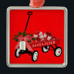 Ornement Carré Argenté L'année Père Noël Flyer Toy Wagon présente Noël<br><div class="desc">Vagabond de jouets Père Noël avec l'année ou les initiales ornement de Noël.  Correspondance de l'étiquette-cadeau à https://www.zazzle.com/z/pwtbn？rf=238126934954044669.Design et quelques graphiques de Claudine Boerner avec quelques graphiques modifiés à partir de photos publiées sous licence CC0.</div>