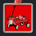 Ornement Carré Argenté L'année Père Noël Flyer Toy Wagon présente Noël<br><div class="desc">Vagabond de jouets Père Noël avec l'année ou les initiales ornement de Noël.  Correspondance de l'étiquette-cadeau à https://www.zazzle.com/z/pwtbn？rf=238126934954044669.Design et quelques graphiques de Claudine Boerner avec quelques graphiques modifiés à partir de photos publiées sous licence CC0.</div>