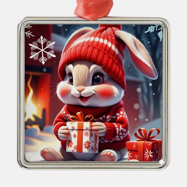 Ornement Carré Argenté Lapin de Noël (Devant)