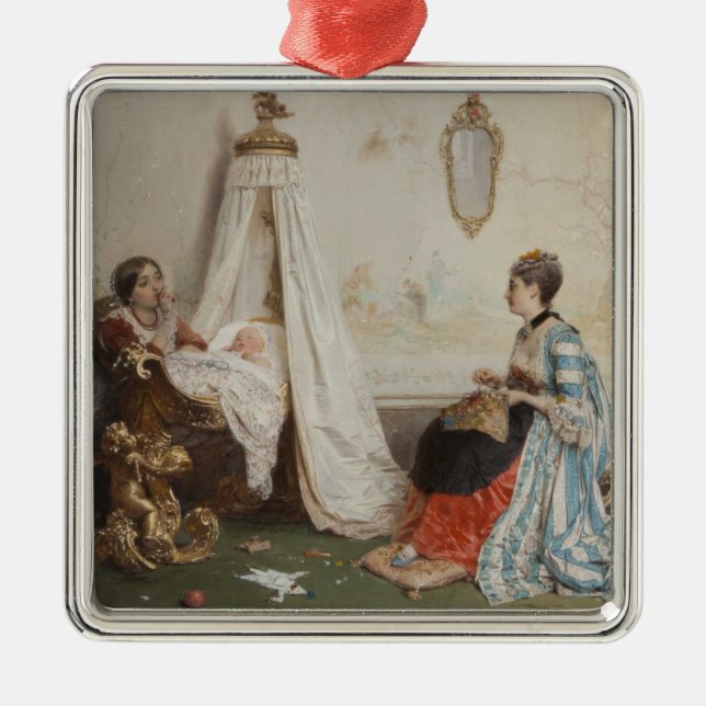 Ornement Carré Argenté Le bébé dort (par Gerolamo Induno) (Devant)
