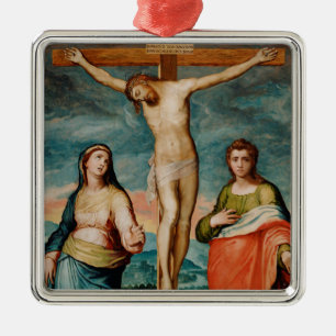 Ornement Carré Argenté Le Christ sur la croix avec des saints