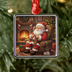 Ornement Carré Argenté "Le Coin Tricotage Cosy du Père Noël" Personnalisé