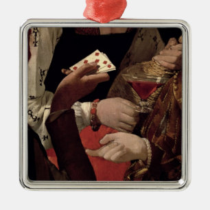 Ornement Carré Argenté Le tricheur avec l'as des diamants, détail de