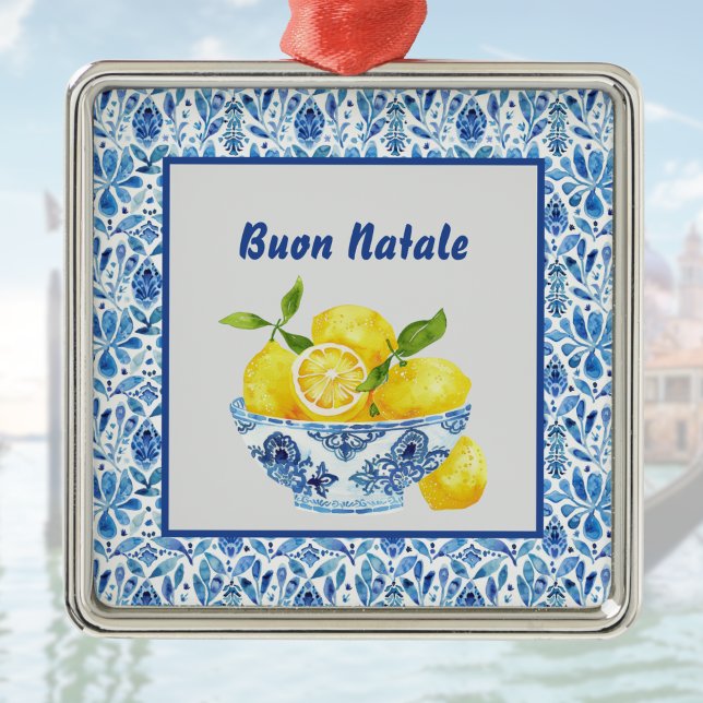 Ornement Carré Argenté Lemon Mediterranean Buon Natale Azulejo Blue Toile (Créateur téléchargé)