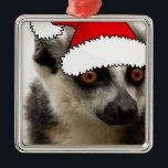 Ornement Carré Argenté Lemur de Noël<br><div class="desc">Citron mignon portant un chapeau de Père Noël</div>