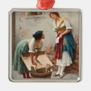 Ornement Carré Argenté Les femmes-Washerwomen partagent les bonnes nouvel