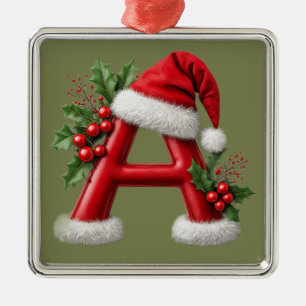 Ornement Carré Argenté Lettre de Noël A décorée d'un chapeau de Père Noël