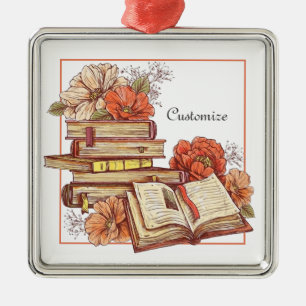 Ornement Carré Argenté Livres Et Fleurs Personnalisés