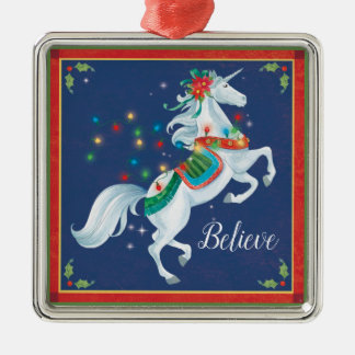 Ornement Carré Argenté L'ornement de licorne de Noël, "croient" !