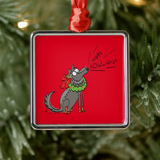 Ornement Carré Argenté Loup Noël Funny Mignonnes Enfants (Arbre)