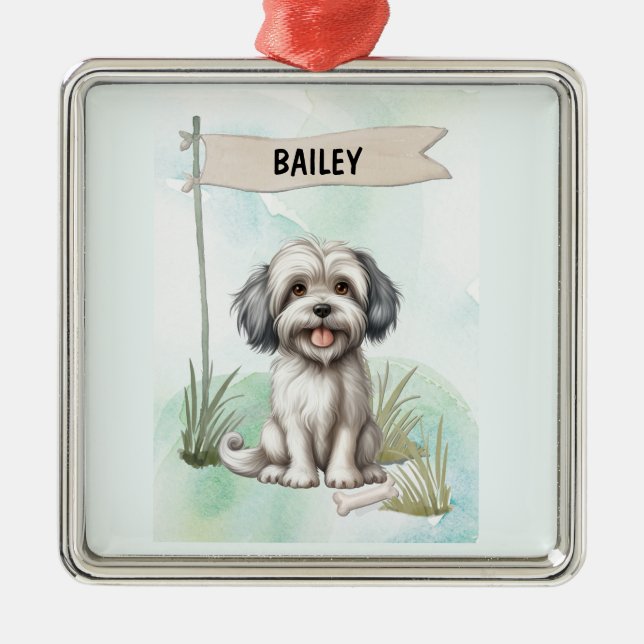 Ornement Carré Argenté Lowchen Watercolor Personalized Dog (Devant)