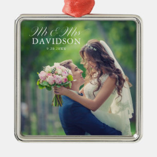 Ornement Carré Argenté M. & Mme Elegant Script Newlywed Christmas