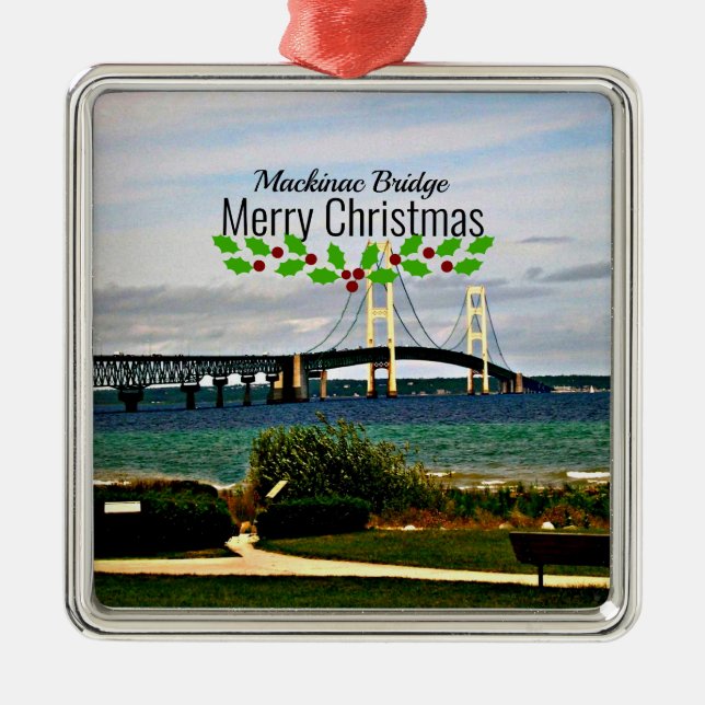 Ornement Carré Argenté Mackinac Bridge, Merry Christmas, (Devant)