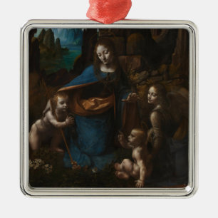 Ornement Carré Argenté Madone des Rochers"Vierge Marie, bébé Jésus, Jean
