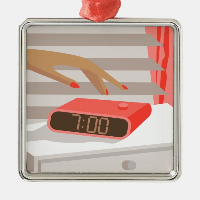Ornement Carré Argenté Main des femmes poussant le bouton snooze du révei (Devant)