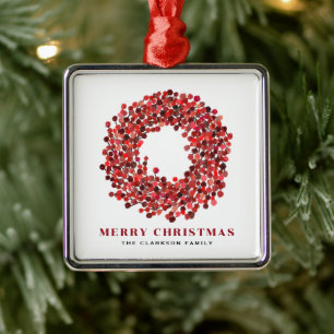 Ornement Carré Argenté Mains peintes rouge Winterberry Wreath Noël