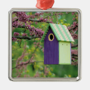Ornement Carré Argenté Maison d'oiseau sur un arbre Cercis