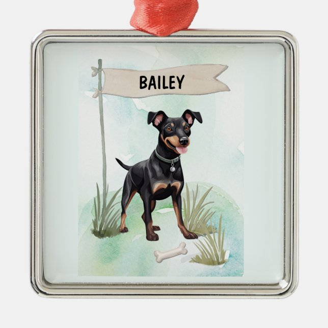 Ornement Carré Argenté Manchester Terrier Watercolor Personalized Dog (Devant)