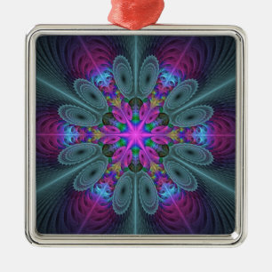 Ornement Carré Argenté Mandala Colorful Striant Fractal Art Kaleidoscope