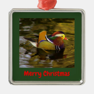 Ornement Carré Argenté Mandarin Canard Joyeux Noël Argent encadré