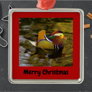 Ornement Carré Argenté Mandarin Duck Joyeux Noël Rouge encadré