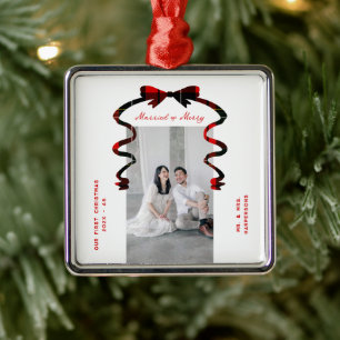 Ornement Carré Argenté Mariés et Joyeux Nœud Photo Noël Nouveaux Mariés