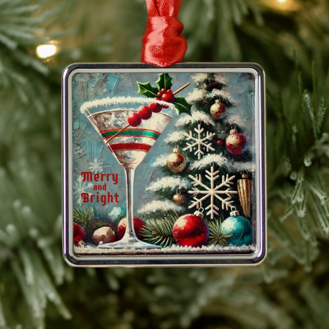 Ornement Carré Argenté Martini de Noël Retro les années 50 Cranberry (Arbre)