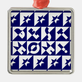 Ornement Carré Argenté Meilleure maman Bleu avec blanc Motif Stars Orname