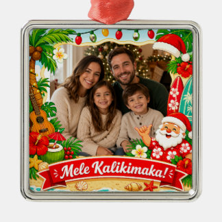 Ornement Carré Argenté Mele Kalikimaka Photo de famille de Noël hawaïen