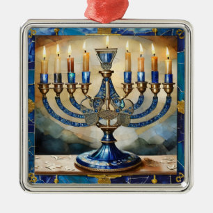 Ornement Carré Argenté Menorah de Hanukkah bleue