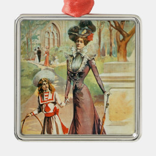 Ornement Carré Argenté Mère et fille sur une promenade (litho de couleur