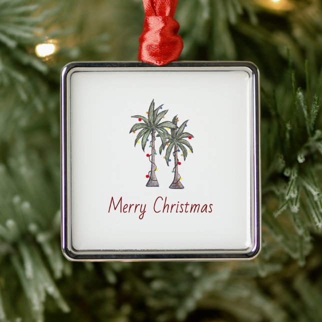 Ornement Carré Argenté Merry Christmas Tropical Beach Palm Trees  (Arbre)