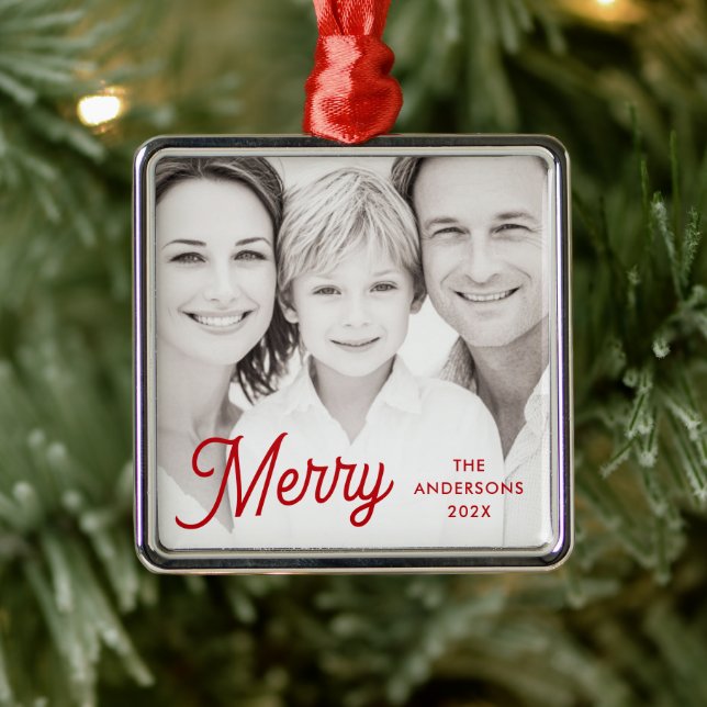 Ornement Carré Argenté Merry red festive retro font name year photo (Arbre)
