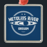 Ornement Carré Argenté Metolius River Oregon Kayaking<br><div class="desc">La rivière Metolius s'écoule du sol près de la base de Black Butte,  non loin de Sisters,  en Oregon,  et a un débit constant toute l'année pour le canotage et le kayak qui émerge d'un aquifère en amont sain.</div>
