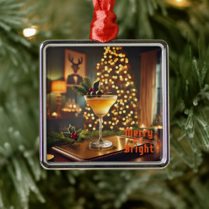 Ornement Carré Argenté Mi-Siècle Noël Joyeux & Cocktail lumineux