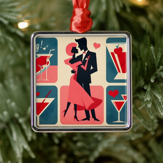 Ornement Carré Argenté Mid Century moderne Valentine Dancing Couple (Arbre)