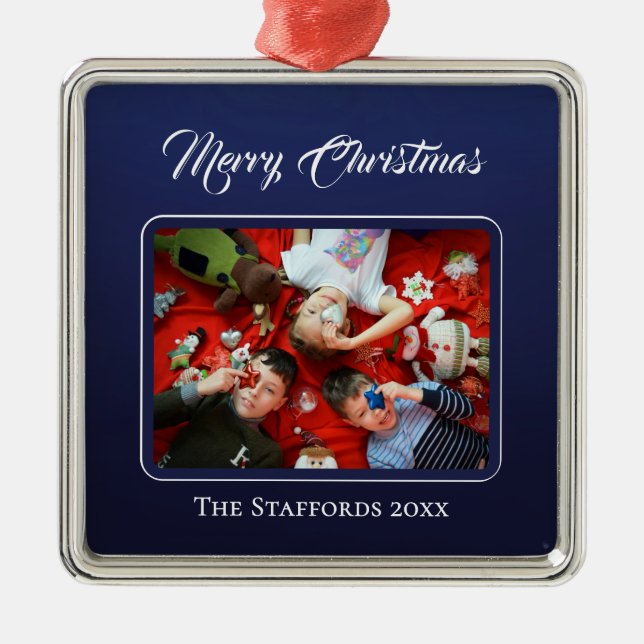 Ornement Carré Argenté Midnight Blue Merry Christmas Photo Ornament (Devant)